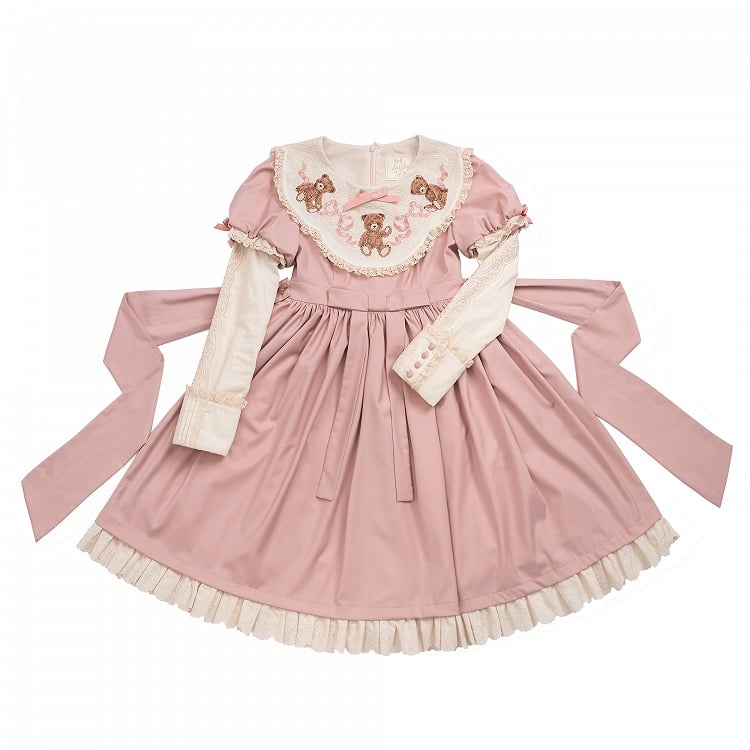 Lace Sleeves Lolita Neckline Embroidered Teddy Dresswith Bear Pink Sweet Trim Puff