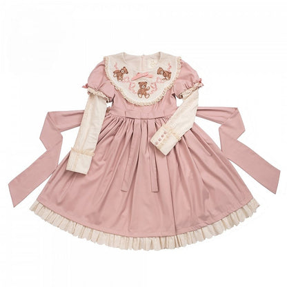 Lace Sleeves Lolita Neckline Embroidered Teddy Dresswith Bear Pink Sweet Trim Puff