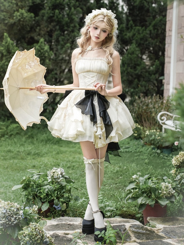 骨組みドレススカートカスケーディングベージュフリルクラシックバージョンショートバスクセットウエストロリータフル