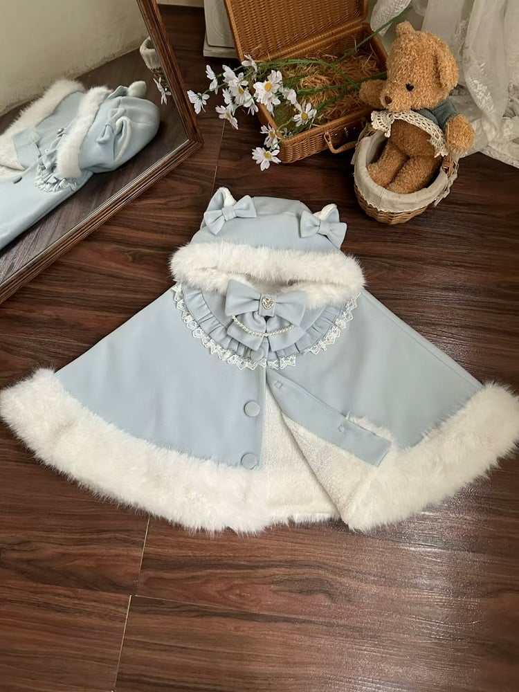 Fur Hooded Baby Cape Winter Blue Trim Woolen Lolita Faux Cat-Ear