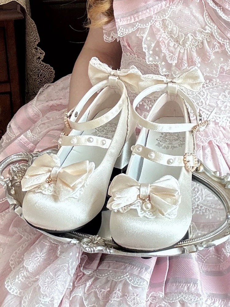 Beige Satin Low-Heel Mary Janes with Beads by Mie Mie Shop