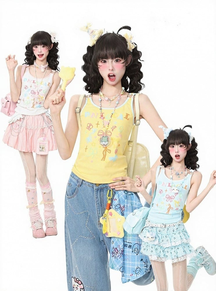 Blue Polka Dot Bow Camisole Top with Kawaii Style - Languid Park