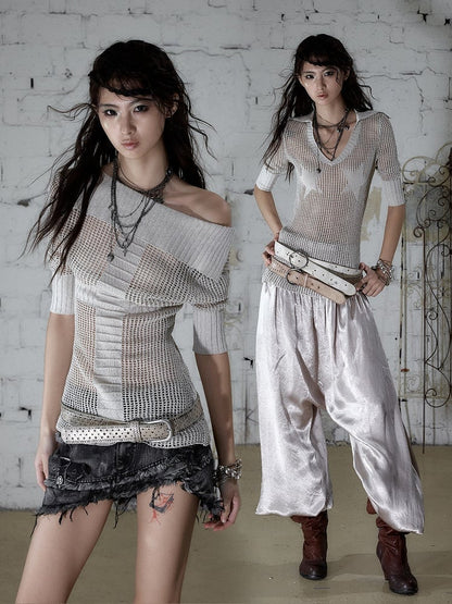 Off-White Star Pattern V-Neck Knit Top Hollow Out - NO ROMANCE