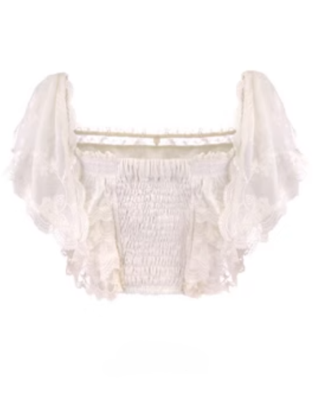 With Top Lace Overlay Chiffon White Floral Flounce Embroidered Creamy