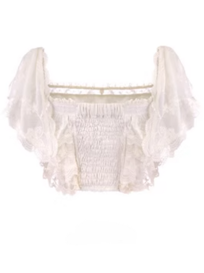 With Top Lace Overlay Chiffon White Floral Flounce Embroidered Creamy