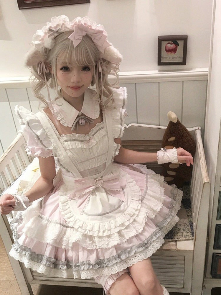 Maid Lolita Dress in Sweet Pink & White, Puff Sleeves, Flounced Skirt & Lace - Mewroco