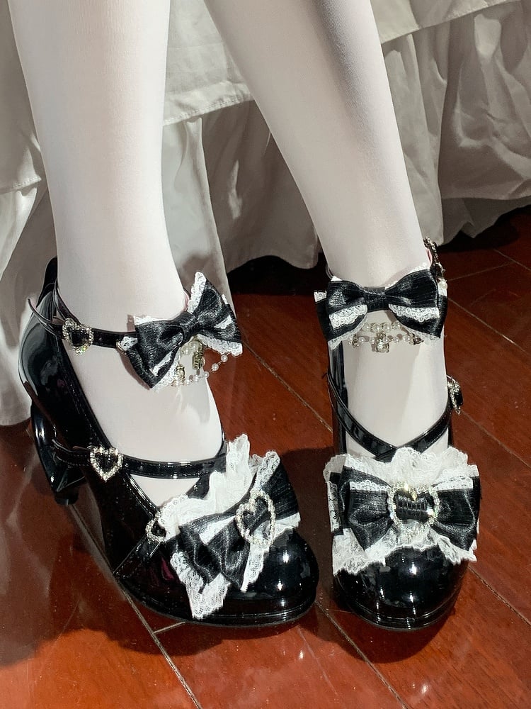 Chain Heart - Details Black Heels Crystal Detachable Leather Lolita PU Beaded Heart-Shaped with Heel Hime