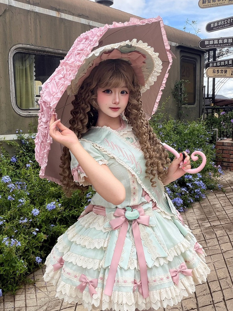 Mint Green Round Neck Short Sleeve Layered Ruffle Lolita OP with Apple Embroidery - Yinying Lolita