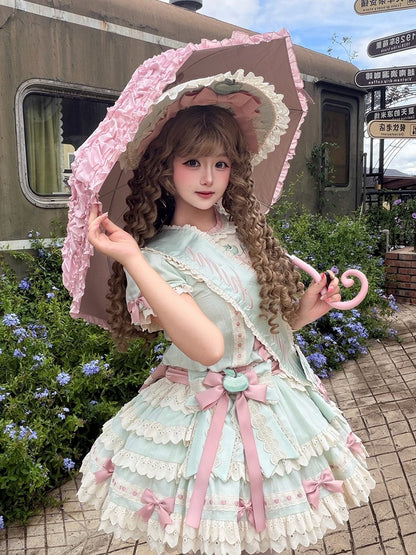 Mint Green Round Neck Short Sleeve Layered Ruffle Lolita OP with Apple Embroidery - Yinying Lolita