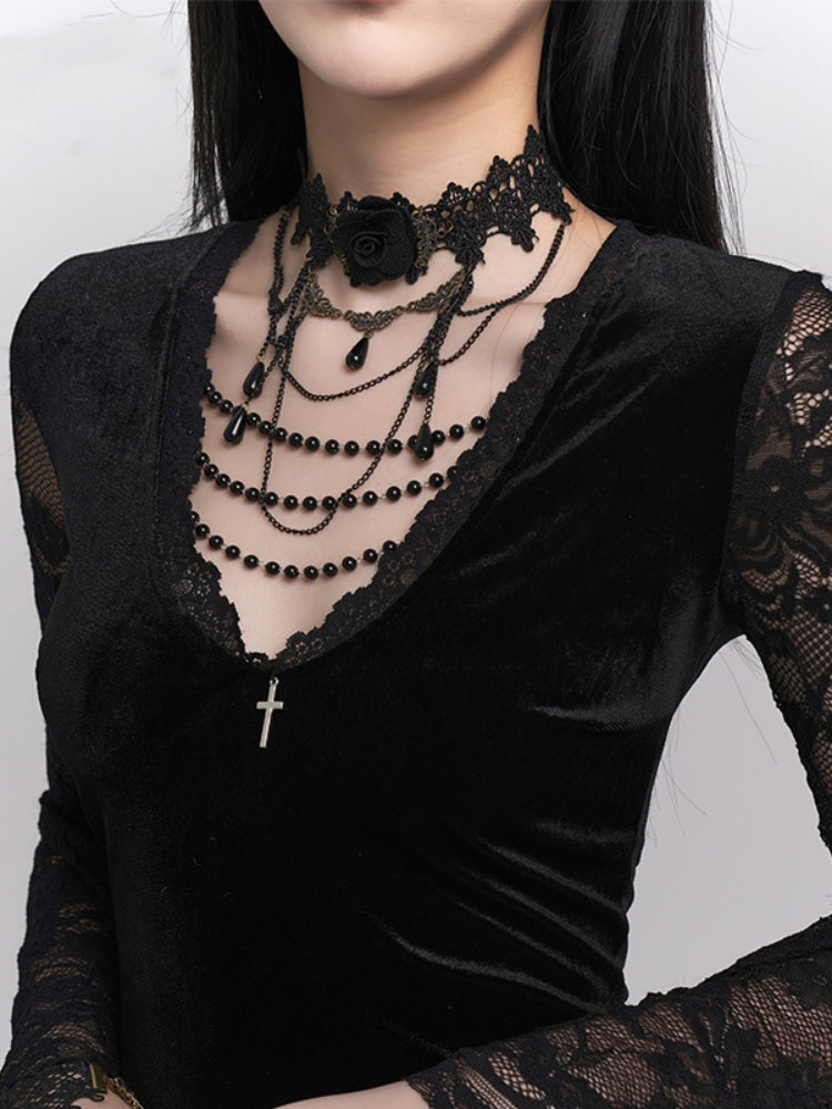 Gothic Black Chain Rosette Lace Choker