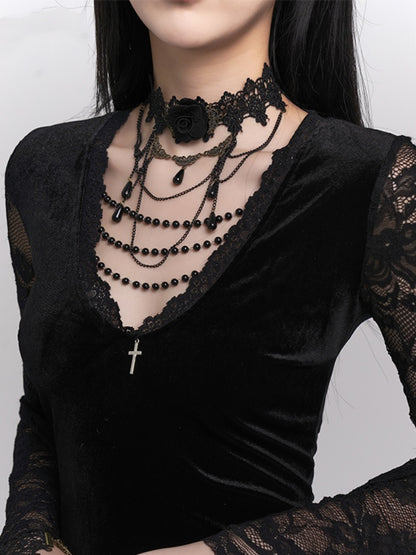 Gothic Black Chain Rosette Lace Choker