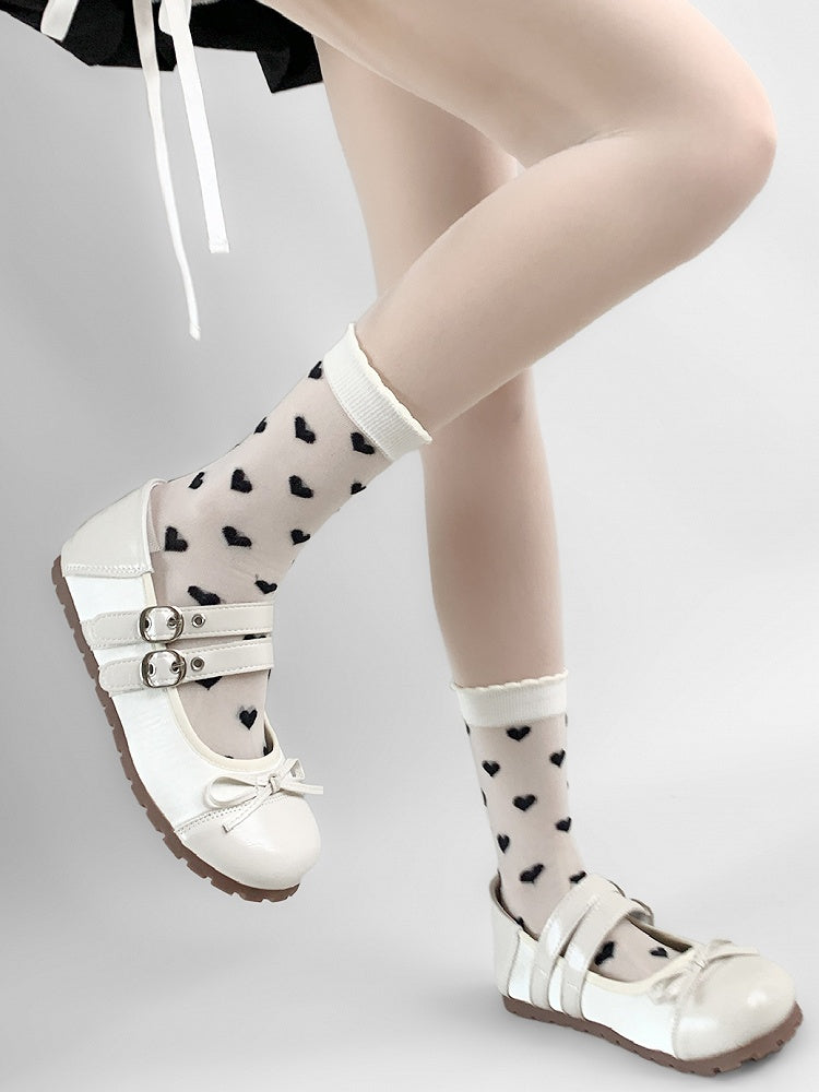 WhiteBlack/Purple Calf Heart Socks Ribbed Trim Embroidery