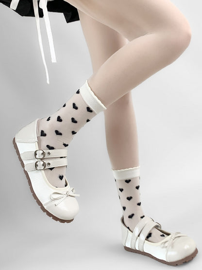 WhiteBlack/Purple Calf Heart Socks Ribbed Trim Embroidery