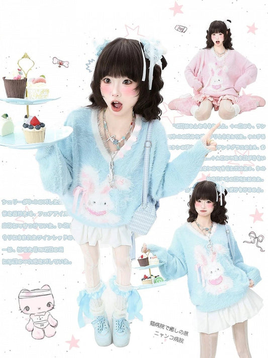 Decorative Motif Strap Sweater Kawaii V-neck Bunny Self-tie - Daily Blue/Pink