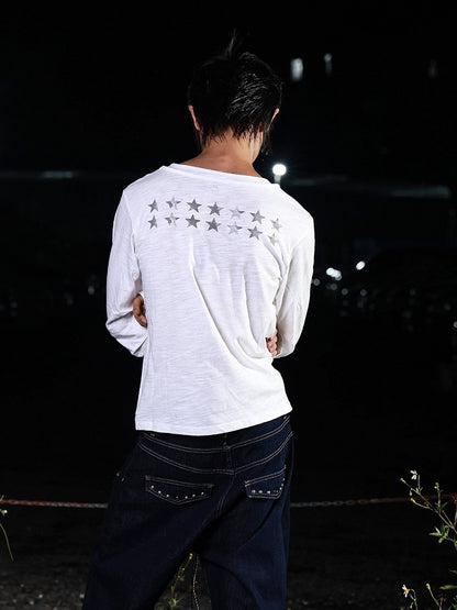White Double Neckline Skull Star Print Long Sleeve Punk Top - DETW OnLine