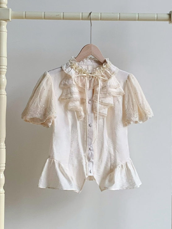 Sleeves Puff Ruffle Comfortable Short Breathable and Neckline Beige Shirt