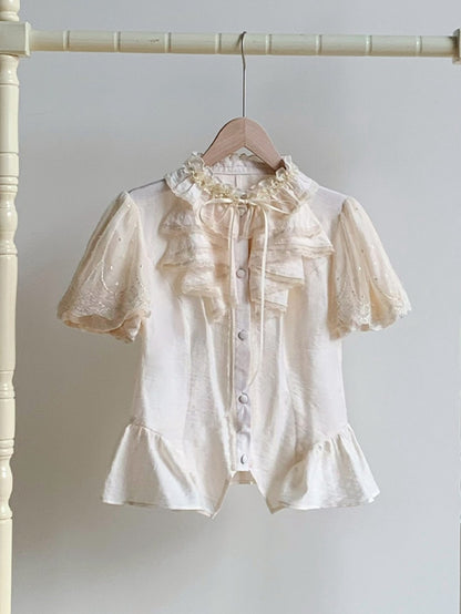 Sleeves Puff Ruffle Comfortable Short Breathable and Neckline Beige Shirt