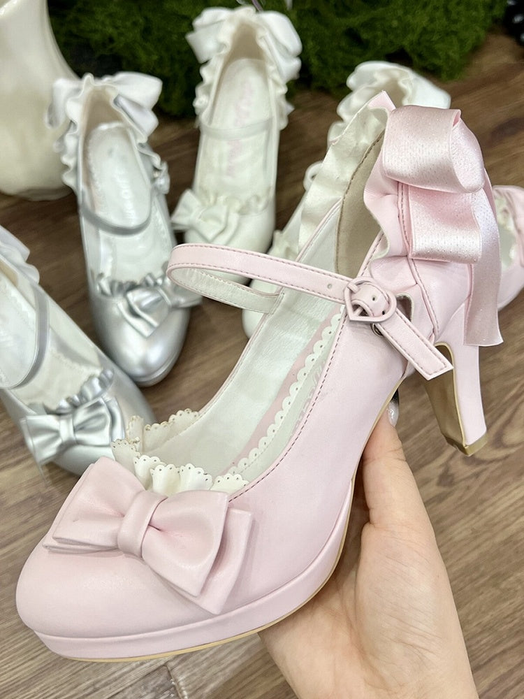 Trim Mary Toe Top Bow Pointed Pink High Lolita - Ruffles Heel at Janes Hime