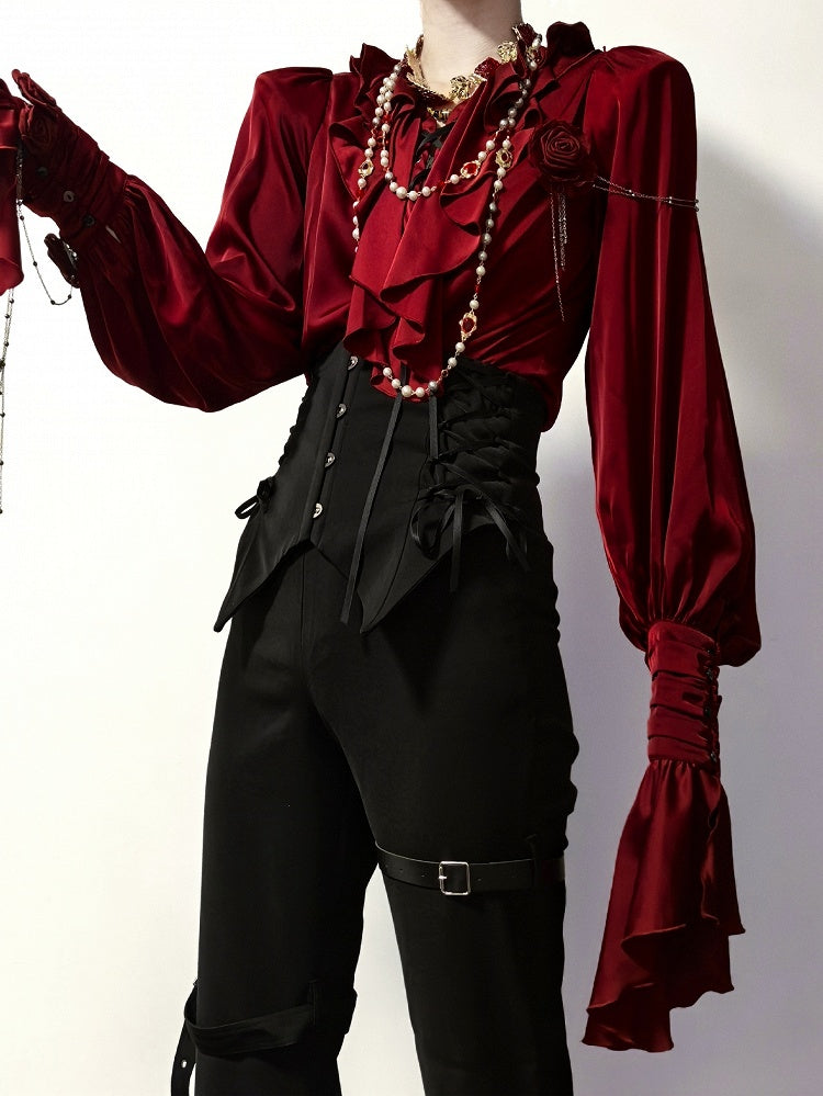 Crimson Poet Shirt with Floral Pins and Chain Accents - Shi Zhi Mao