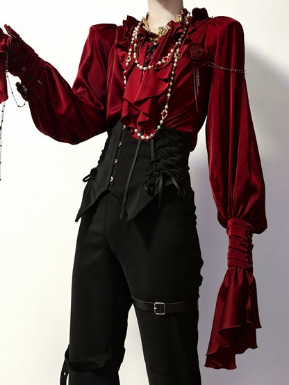 Crimson Poet Shirt with Floral Pins and Chain Accents - Shi Zhi Mao