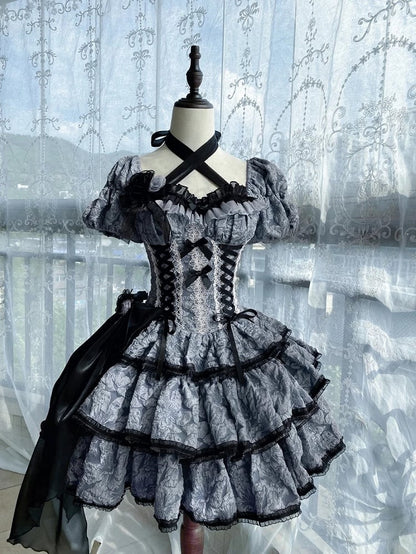OP Floral Black Skirt Multi-Layered Lolita Dress Dark with and Blue Texture