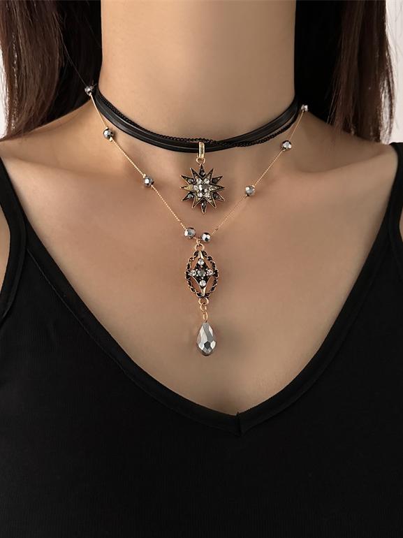 Gothic Rhinestone Multi-Layered Necklace Black