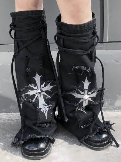 with Raw Hem Detail Lace-up Glamorous Leg Warmers Y2K Black Denim Cross Applique