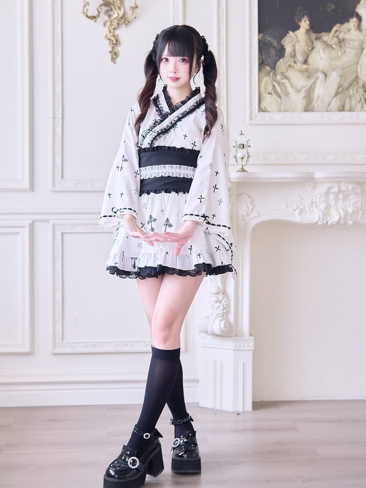 with Bell Sleeves Wrap Top Gothic Cross Print Black Jirai Kei Kimono-Style White