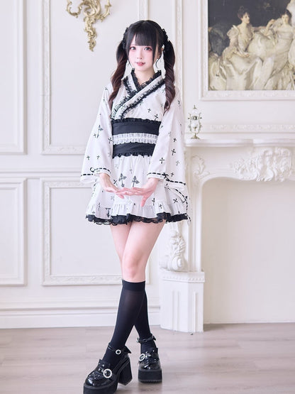 with Bell Sleeves Wrap Top Gothic Cross Print Black Jirai Kei Kimono-Style White