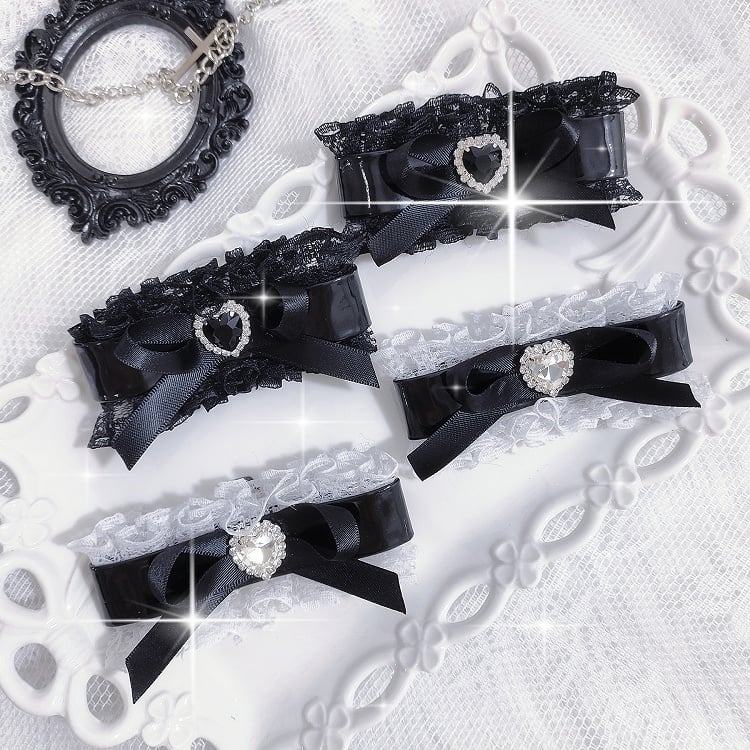 Jirai Kei Schwarz/Schwarz und Weiß Sweetheart Strass verziert Bowknot Schuhclips