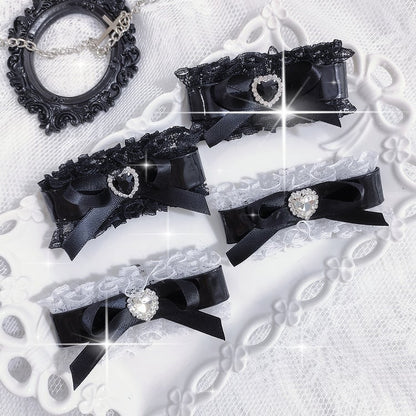 Jirai Kei Schwarz/Schwarz und Weiß Sweetheart Strass verziert Bowknot Schuhclips