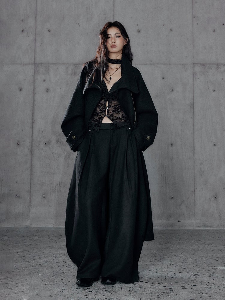 Wide Leg Black Loose Pants with Slant Front Pockets - Low pixel