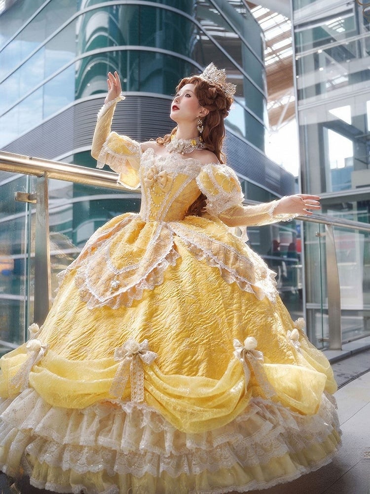 Lolita Layered Gown Lace Yellow Version and with Long Hanayome Ruffles Bow Hime Details Off-Shoulder