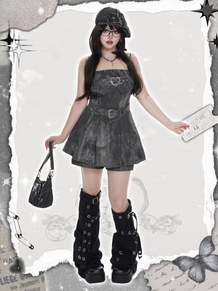 Dunkelgraues Punk-Jeanskleid mit Herzschnalle in Übergröße