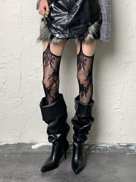 ダークゴシックブラックパンクフローラルホローアウトサスペンダータイツ