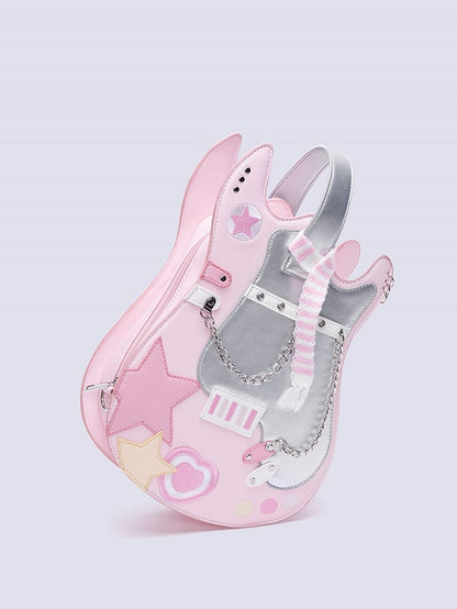 Design Bag Guitar-shaped Pink Silver Star Sweetheart Embroidered