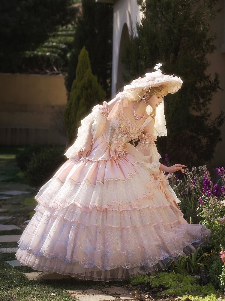 Hanayome Pink Corset Waist Hime Lolita Floor Length Dress Long Version with Floral Embroidery Layered Hem | Lukemi