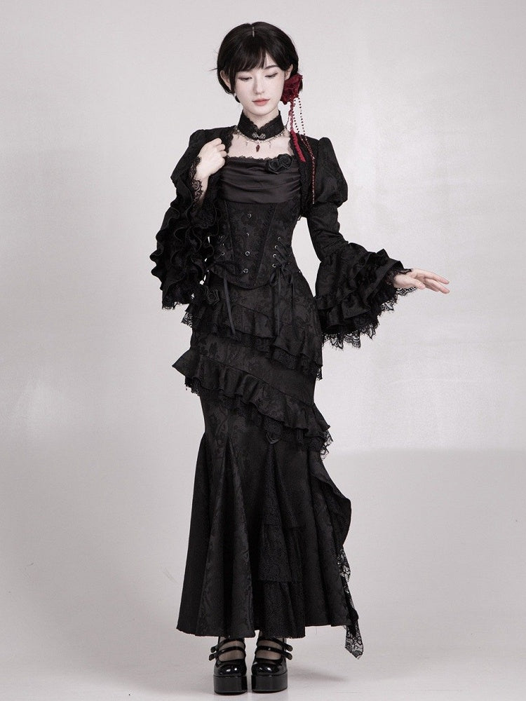 Schwarzer eleganter Gothic Lolita Meerjungfrauenrock mit Volantbesatz