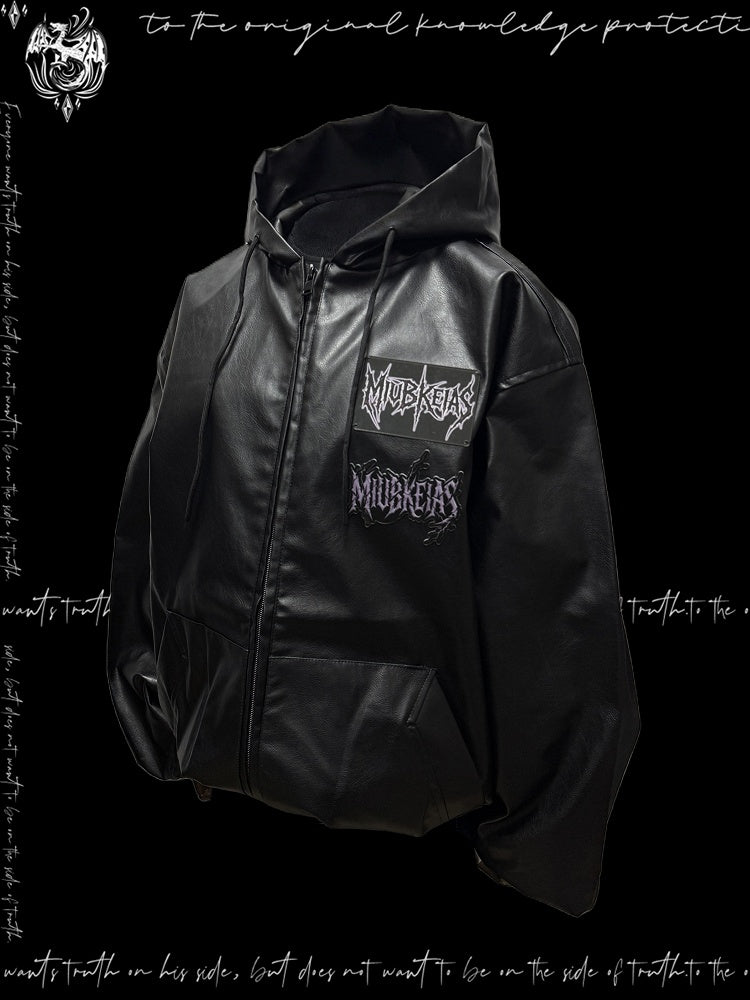 PU Hood Graphic Applique and Jacket Chic with Design Black Moto