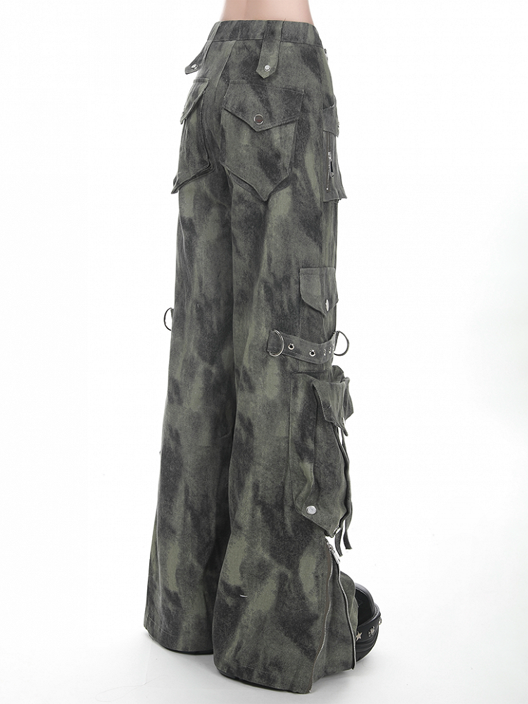 Grau/Grün verblasste Vintage Dark Wash Wide-Leg-Cargojeans mit Reißverschlussbündchen