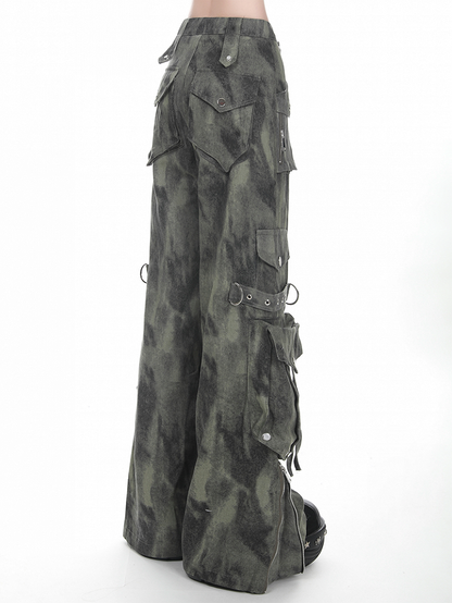 Grau/Grün verblasste Vintage Dark Wash Wide-Leg-Cargojeans mit Reißverschlussbündchen