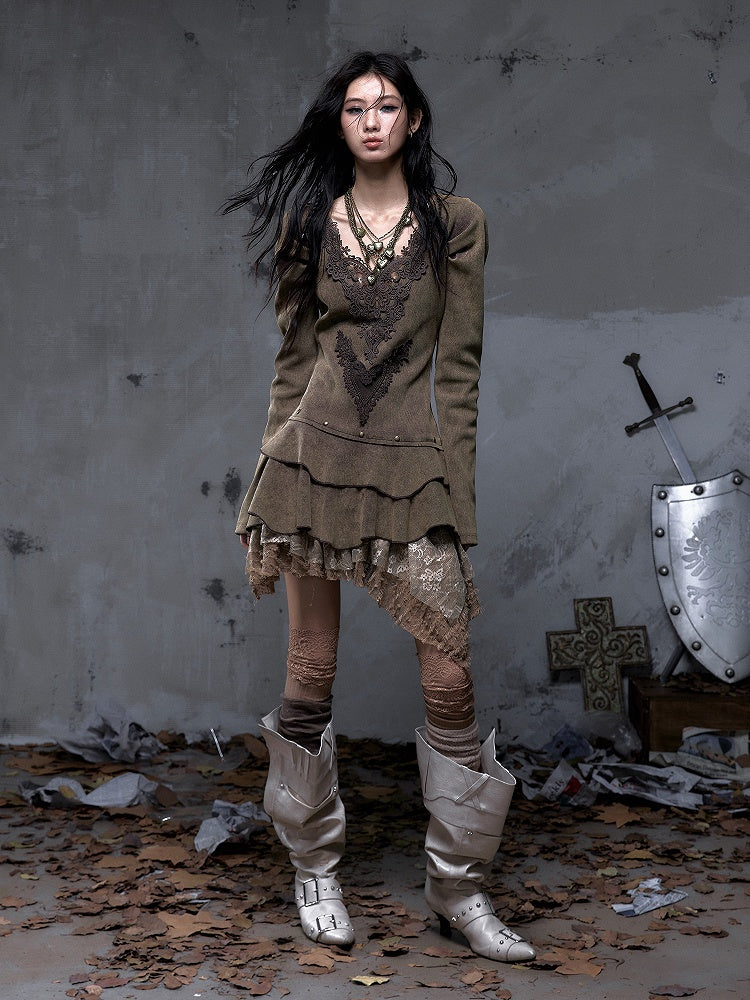 Deep Vintage Flower Collar Punk with Brown-Green Dress Back Lace Knit - V-Neck Crossed Wasteland