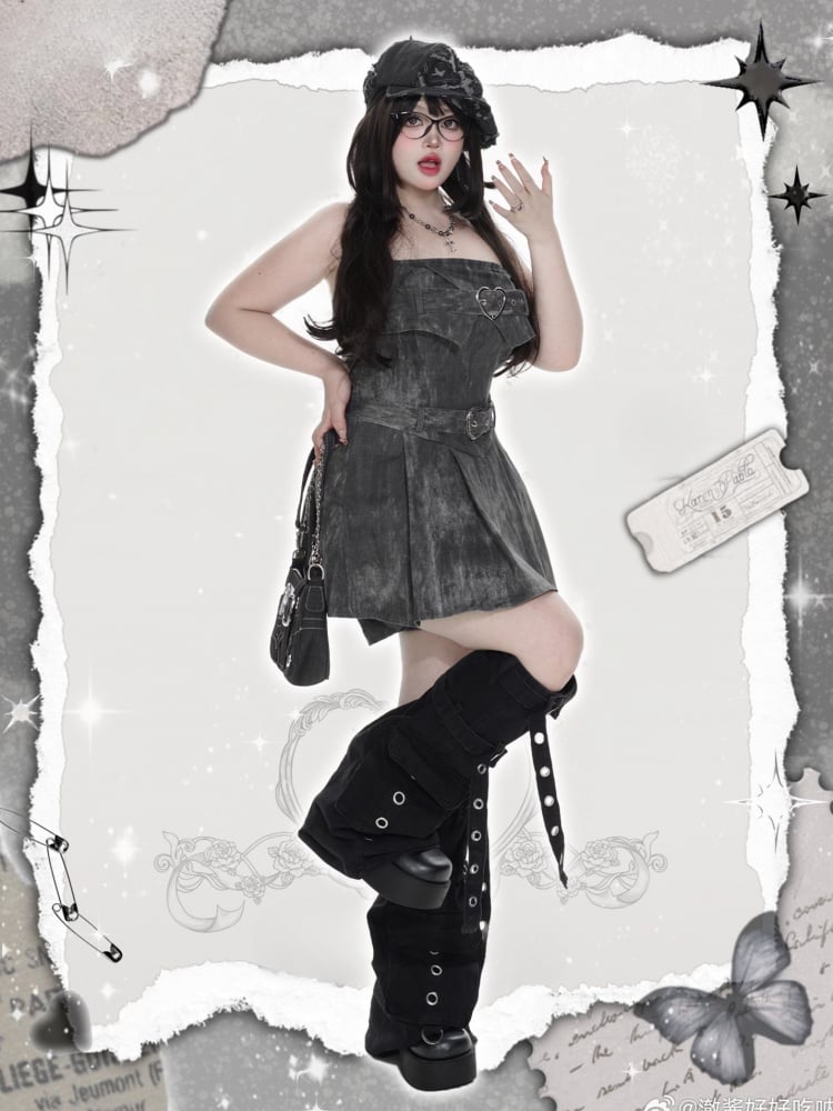 Dunkelgraues Punk-Jeanskleid mit Herzschnalle in Übergröße