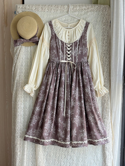 Brown & Beige Rosette Print Long-sleeved Elegant Classic Lolita Dress