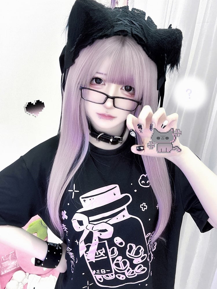 Yami Medicine Black Print Kei T-shirt Bottle Pink Jirai