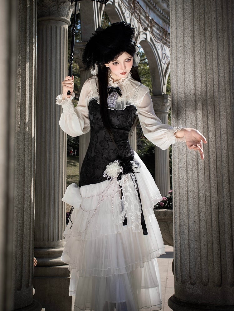 クラシックなJSK、エレガントなレイヤードフルチュール、スリムボディス、ジャカードヘム、ホワイトロリータ、ブラックフィット、フローラルセット