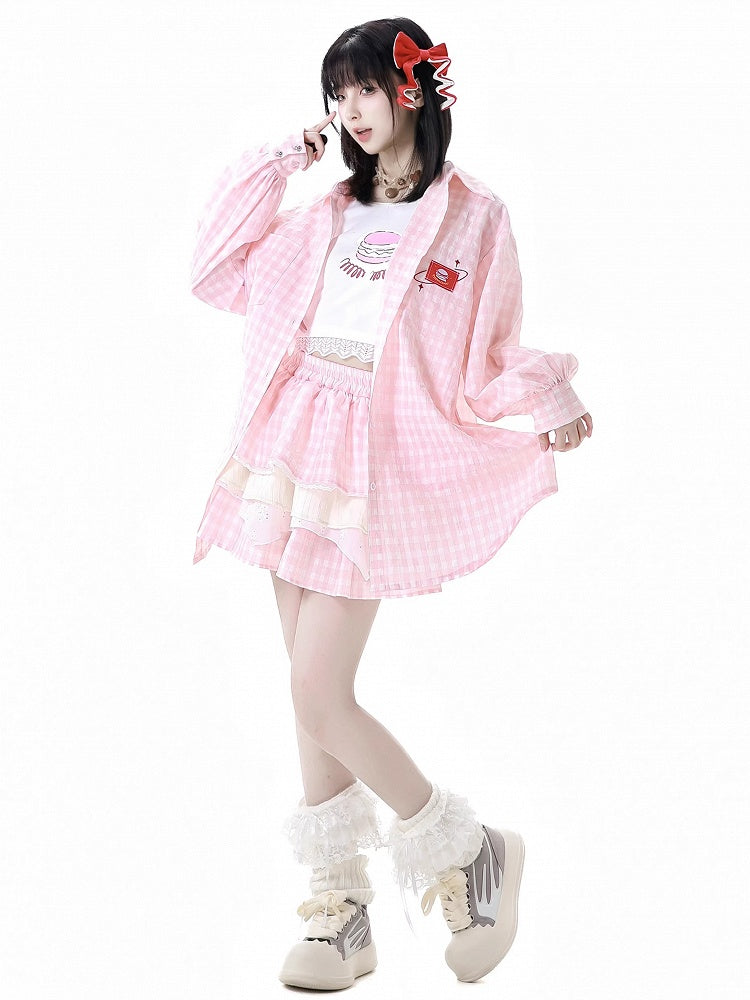 Burger Embroidery Applique Oversized Shirt Pink/White