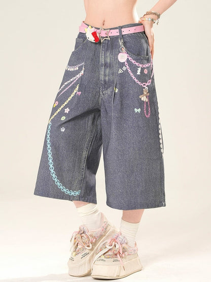 Print Cut Letter Wide-leg Y2K Button Chain Jeans Blue And