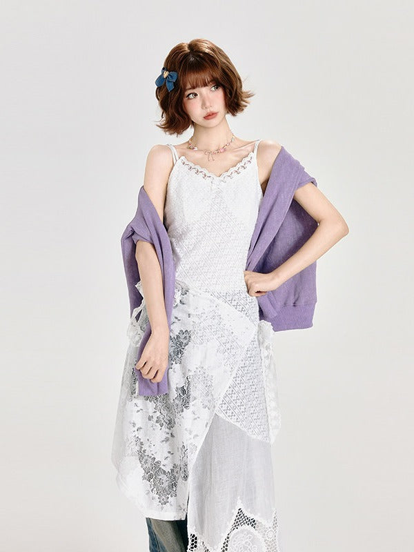 Lace Patchwork White Adjustable Layered Slip Dress - Girlyhalo