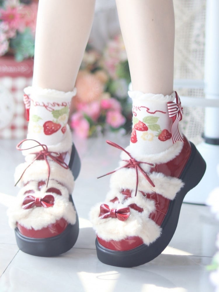 Red Decor Bow Bear Embellishments Lolita Sweet Shoes Wine Ear in Platform PU